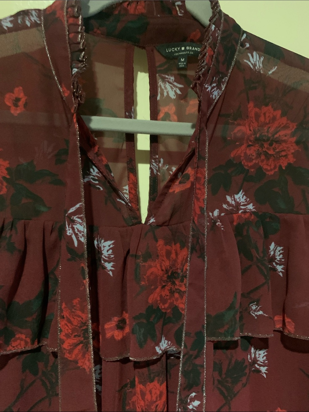 Lucky Brand Burgundy Floral Ruffle Tie-Neck Blouse - Picture 3 of 7